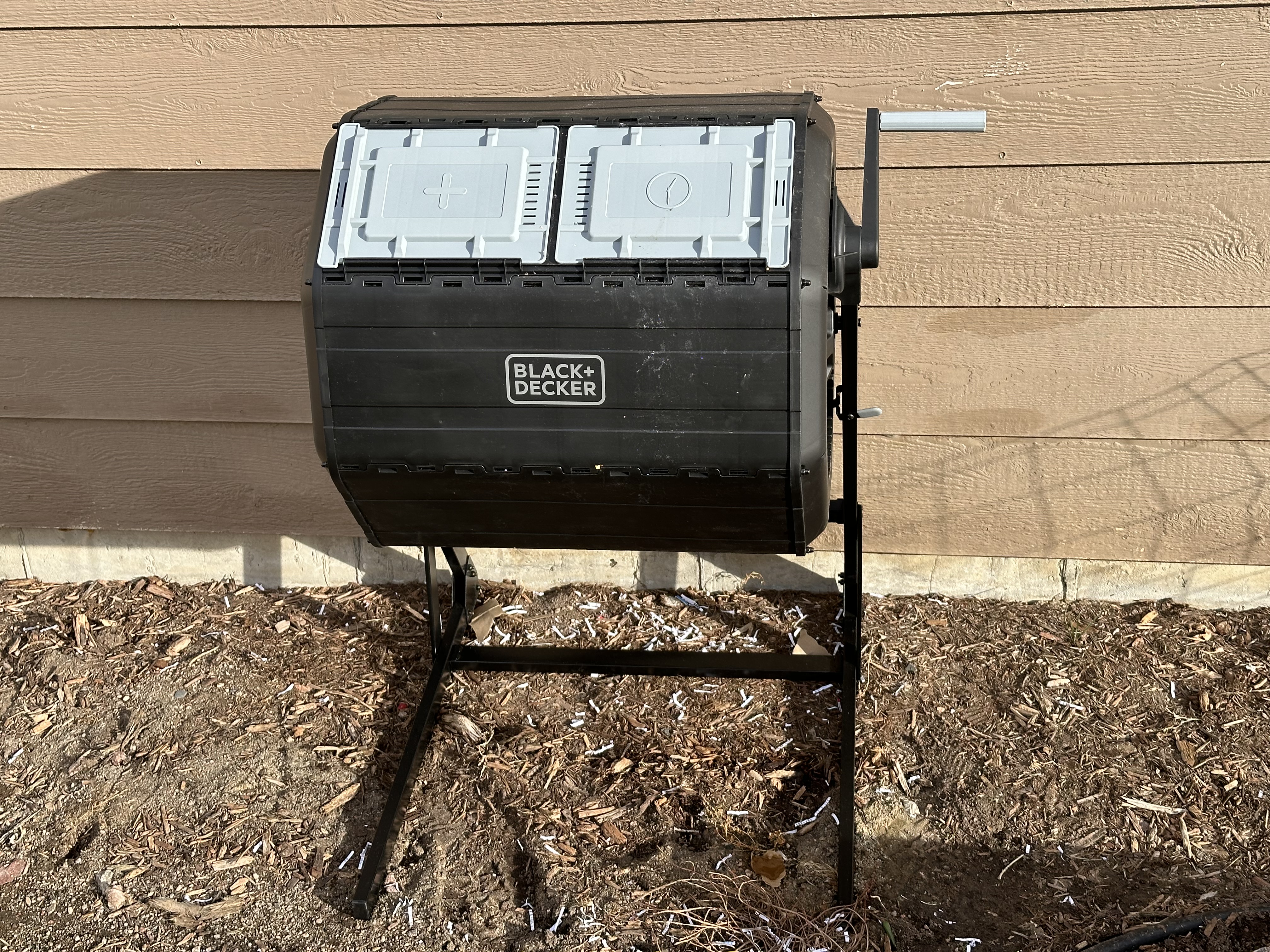 Closer view of the compost tumbler